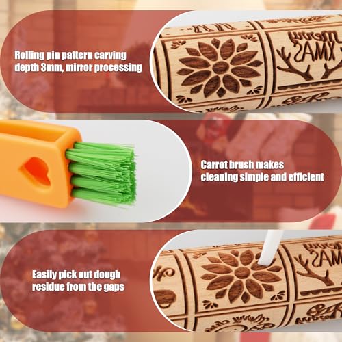 17" Wooden Rolling Pin for Baking with Christmas Embossed Designs, 3mm Deep Cookie Molds, Includes Cleaning Brush L8431