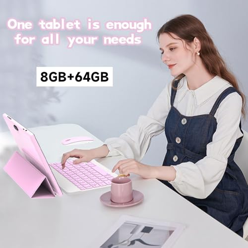 Tablet 10 inch Android 14 with Keyboard Case, Mouse, Stylus, 8GB+64GB, 1280*800 HD Touch Screen, 8MP Dual Camera, Wi-Fi Bluetooth, Blue B613