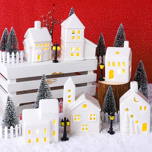 37 Pieces Porcelain Christmas Village Set with 6 Lighted Houses and Remote Control W932515