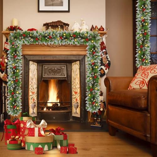 Flocked Pre-Lit Christmas Garland with 30 LED Lights, Red Berries and Pine Cones E701722
