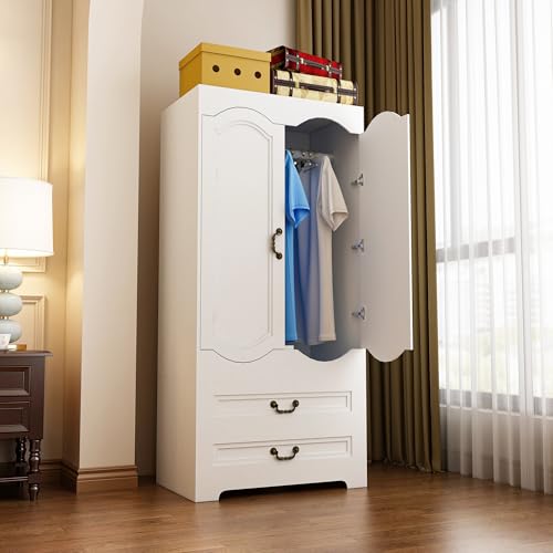 2 Door Wardrobe with 2 Drawer, White Vintage Armoire with Clothing Rod, 67" Tall Wooden Closet Cabinet for Bedroom C405