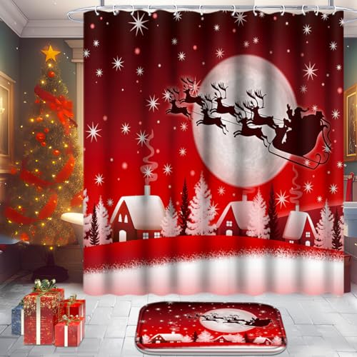 Christmas Bathroom Set with Shower Curtain, Rugs, and Hooks F236