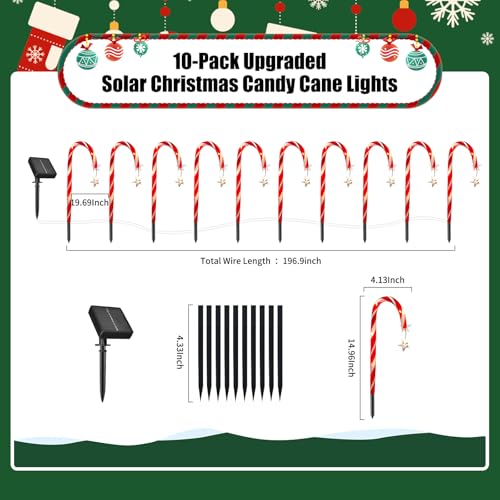 Candy Cane Solar Pathway Lights, 10 Pack, 8 Modes, Waterproof Outdoor Christmas Decor D9906