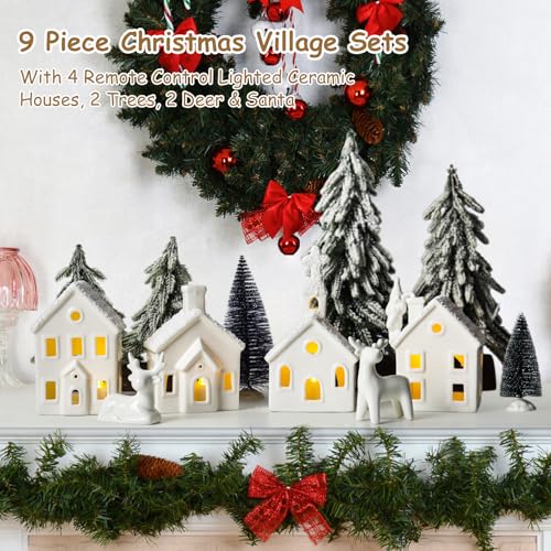 Christmas Village Set with 4 Lighted Ceramic Houses, 2 Trees, 2 Deer & Santa Y953107