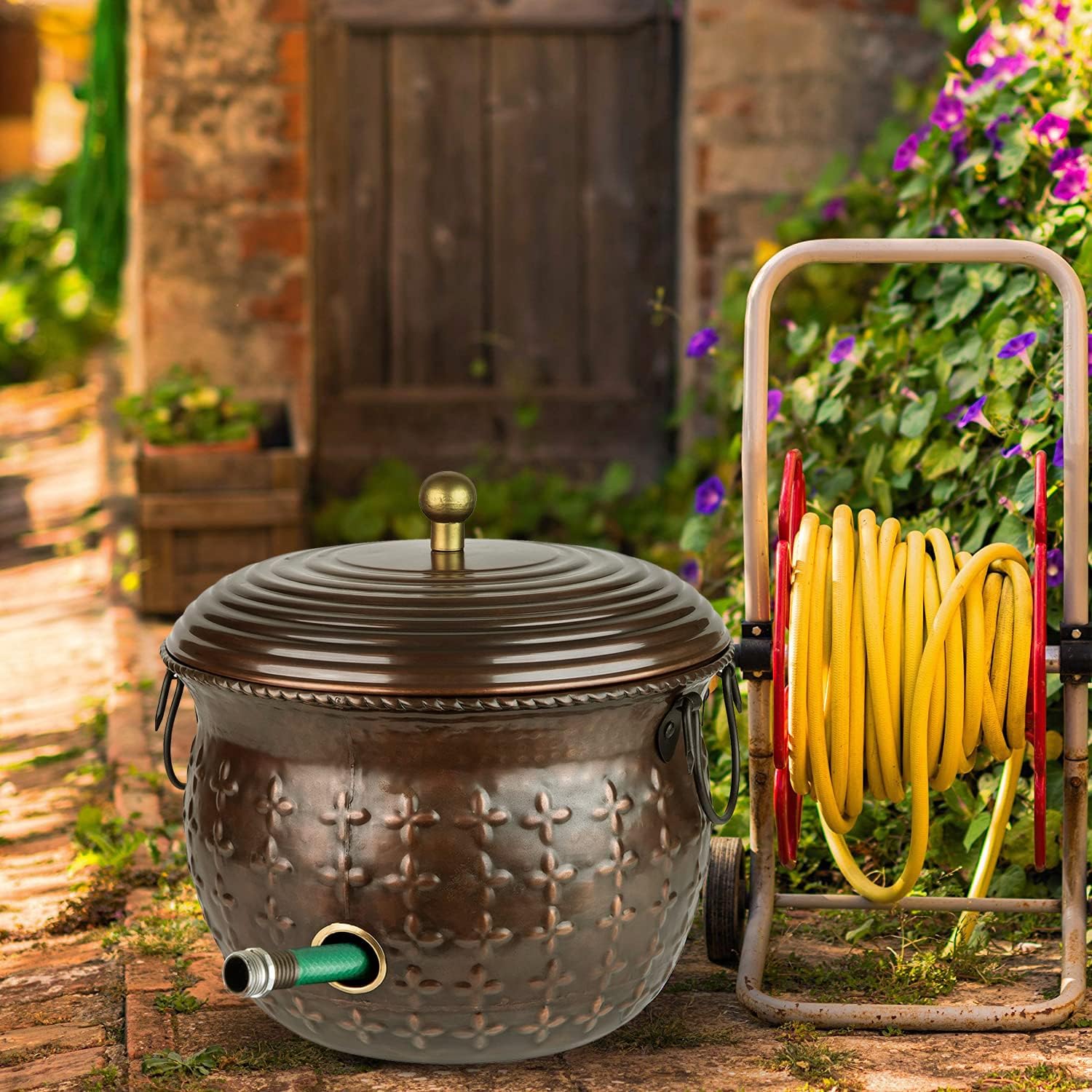 Garden Hose Storage Holder Pot with Lid Antique Green Finish I49429