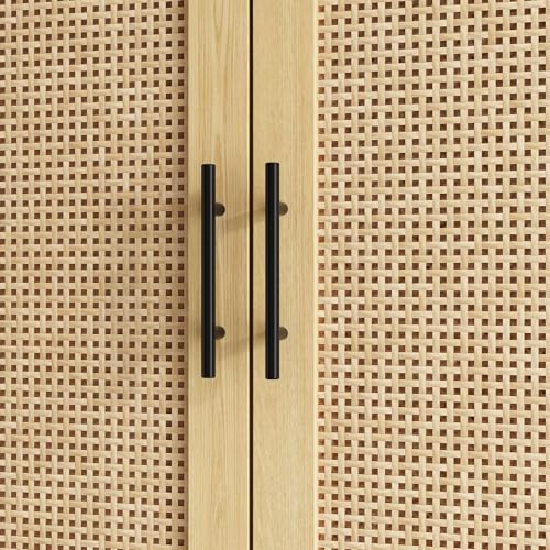 Rattan Door Wardrobe Closet with 2 Drawers and Shelves, Hanging Rod, Oak F827184
