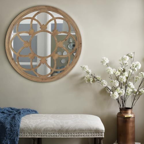 Rustic 30" Round Wall Mirror with Wood Frame R200772
