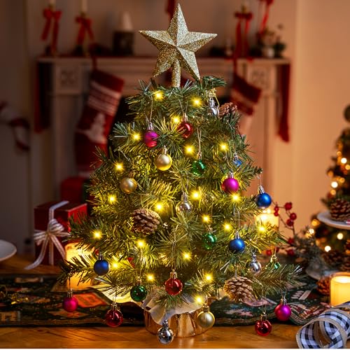 24" Mini Christmas Tree Tabletop Set with LED Lights and Star Treetop Z113832