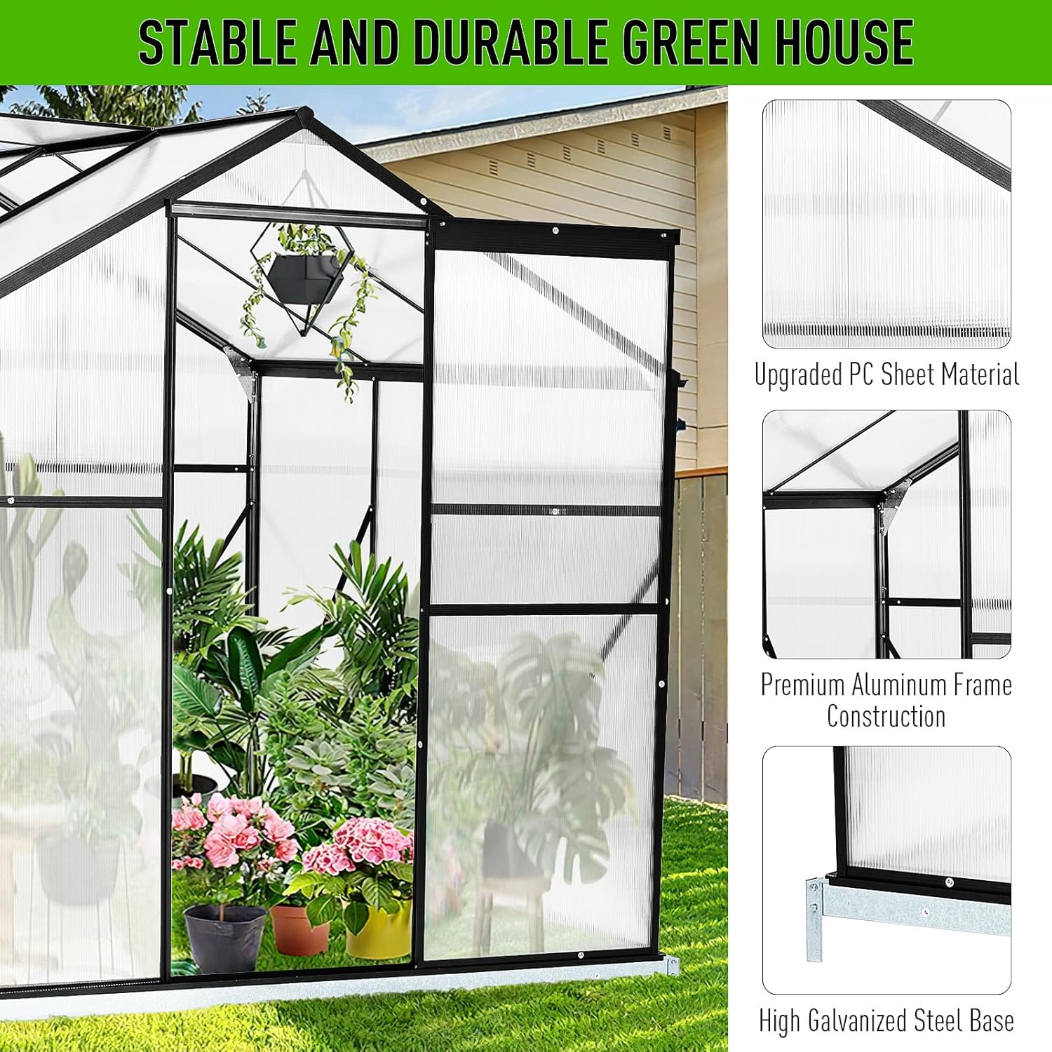 10x6 FT Polycarbonate Greenhouse with Sliding Door and Adjustable Vent Window J403189