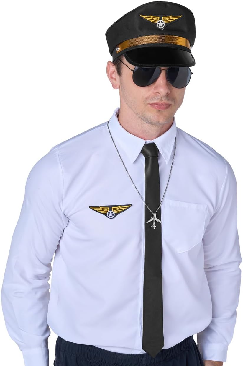 Airline Pilot Captain Costume Kit, 5 PCS Dress Up Accessory Set with Sunglasses, Tie, Hat, Wings Patch and Necklace H4159