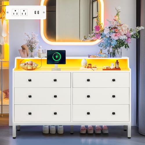 6 Drawer White Wood Dresser with Charging Station, Led Modern Large Dresser for Bedroom, Storage Dresser Chest of Drawers