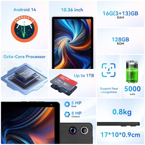 10.36 inch Android 14 Tablet, 16GB RAM 128GB, 8-Core HD Display, Dual Camera, Black H224683