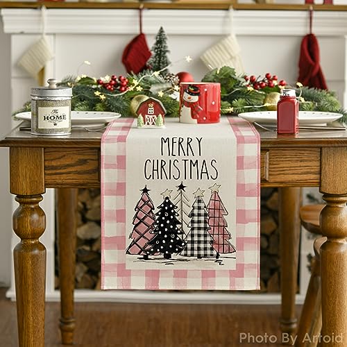 Buffalo Plaid Christmas Trees Table Runner, Winter Holiday Kitchen Dining Decor, 13 x 108 Inch D48516