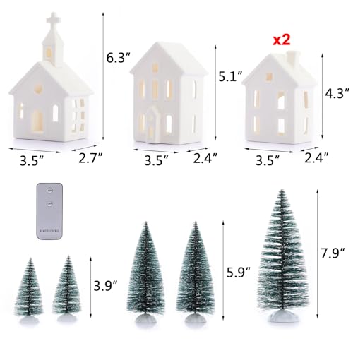 7PCS Christmas Village Sets - 3 LED Lighted Ceramic Houses with Remote & 4 Trees D535