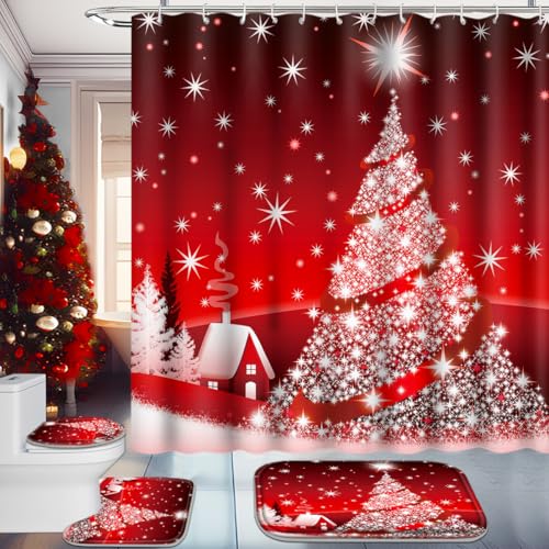 Christmas Bathroom Set with Shower Curtain, Rugs, and Hooks F236
