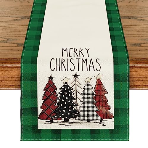 Buffalo Plaid Christmas Trees Table Runner, Winter Holiday Kitchen Dining Decor, 13 x 108 Inch D48516