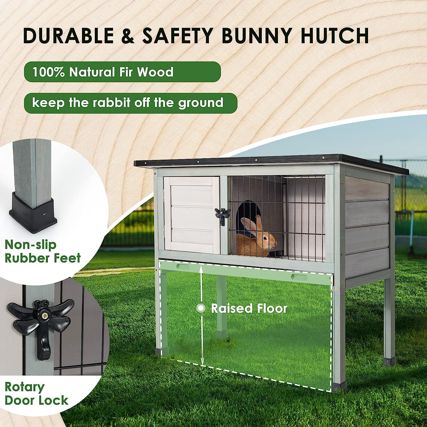 Elevated Wooden Rabbit Hutch with Openable Roof and Pull-Out Tray K1938