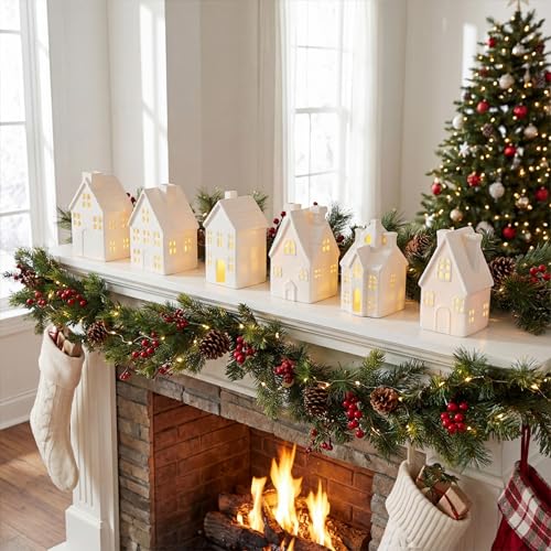 Set of 6 White Ceramic Christmas Village Houses Tabletop Decorations U141