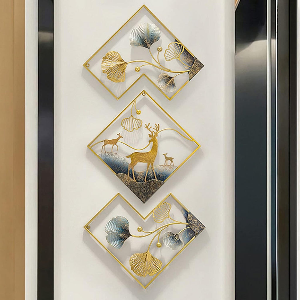 Metal Wall Art Gold Deer 3 Piece Large 3D Ginkgo Leaf Decor X307765