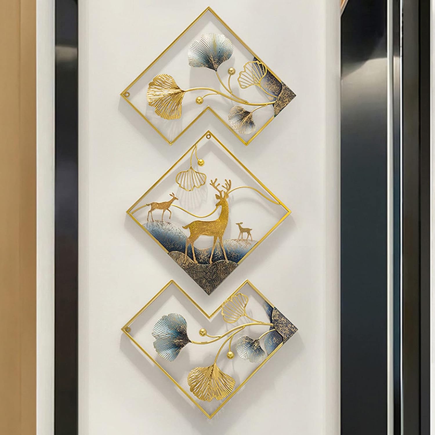 Metal Wall Art Gold Deer 3 Piece Large 3D Ginkgo Leaf Decor X307765
