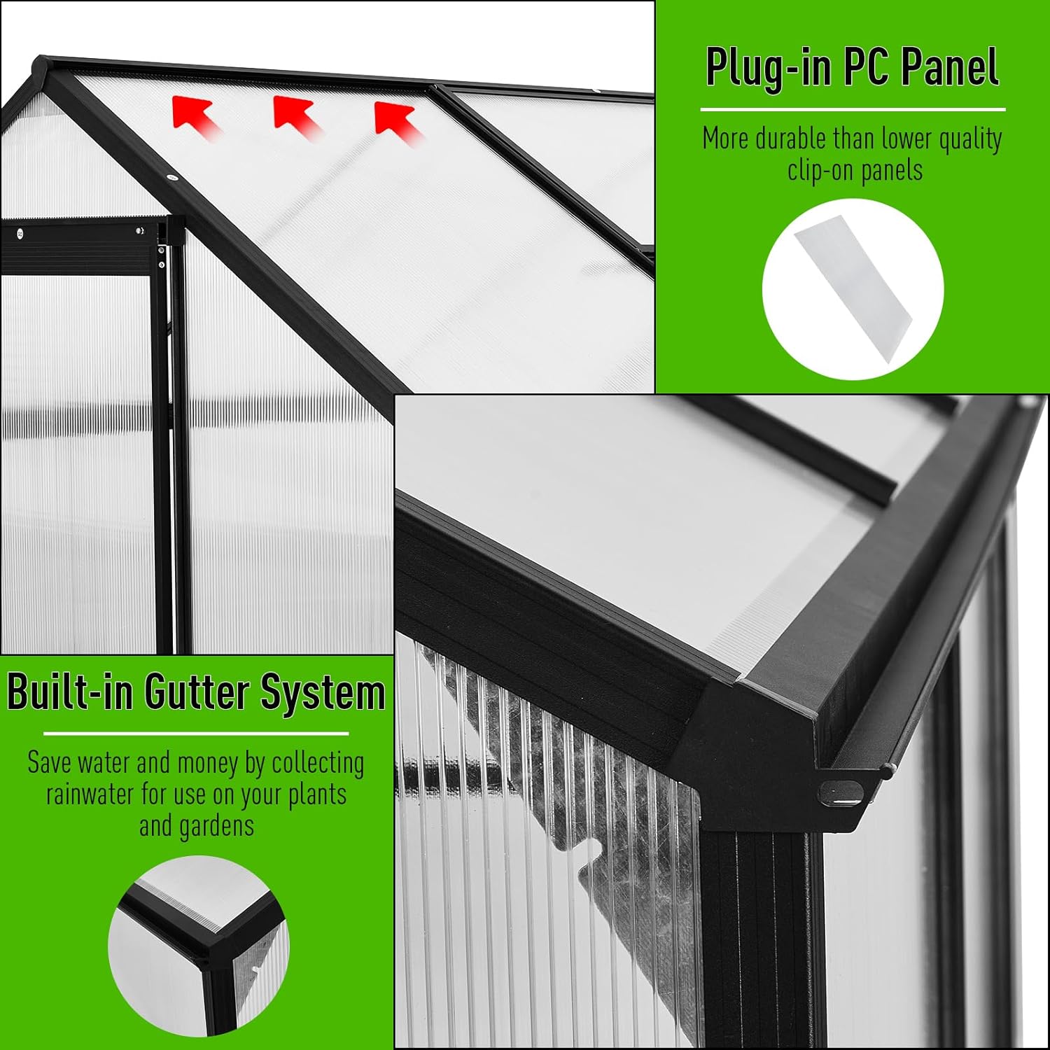 10x6 FT Polycarbonate Greenhouse with Sliding Door and Adjustable Vent Window J403189