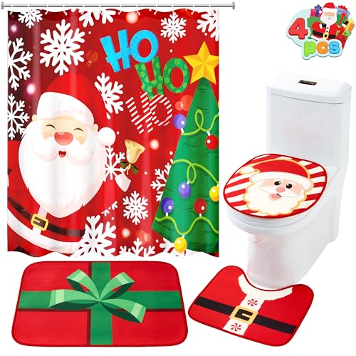 Christmas Bathroom Set with Shower Curtain, Bath Mat, Toilet Cover, Rug & Hooks T26855