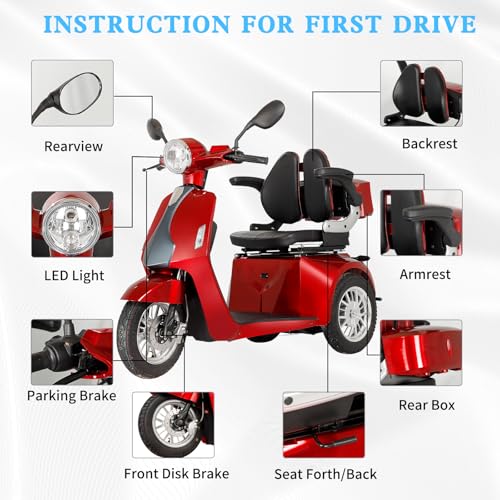 Heavy Duty 3 Wheel Mobility Scooter for Adults, 500 lbs Capacity, Red W318