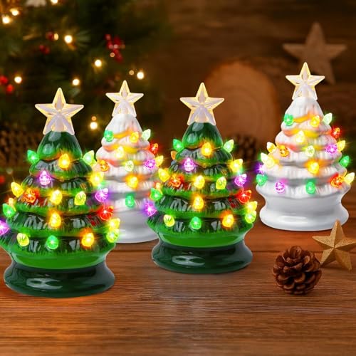 5 Inch Mini Ceramic Christmas Tree Set - 4 Pack Pre-lit Tabletop with Multicolored LED Lights Y881548