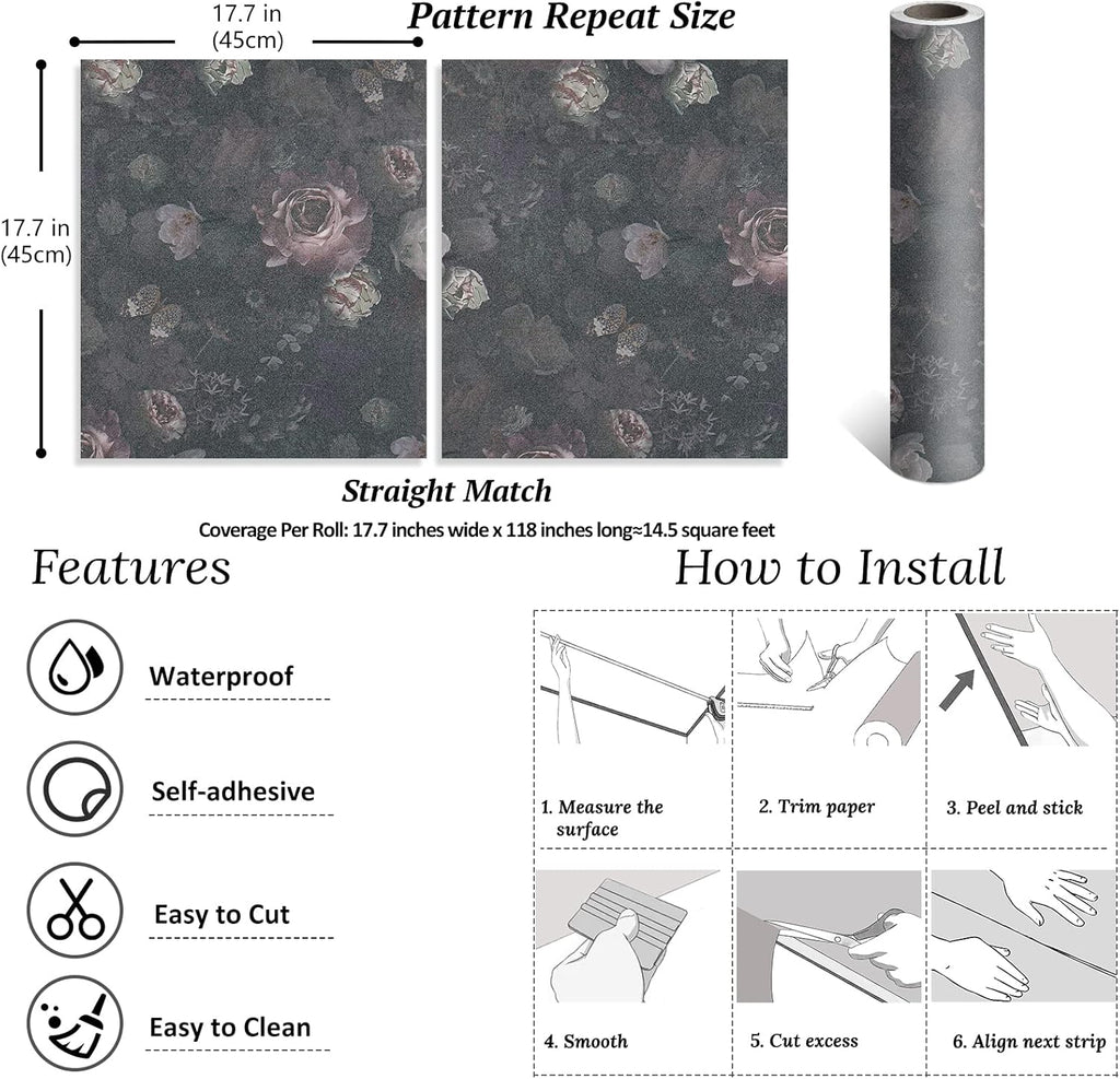 Vintage Dark Floral Peel and Stick Wallpaper Roll for Bedroom Bathroom G20007