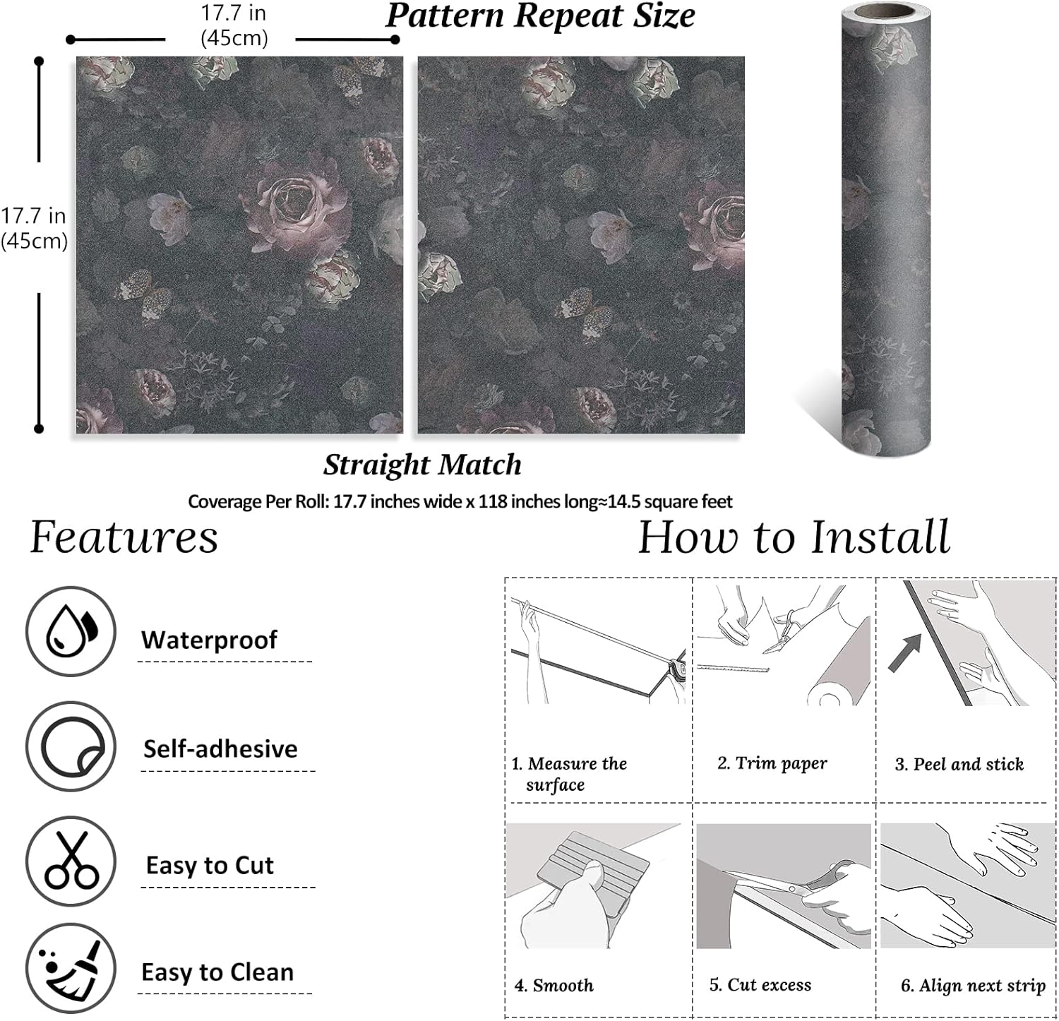 Vintage Dark Floral Peel and Stick Wallpaper Roll for Bedroom Bathroom G20007