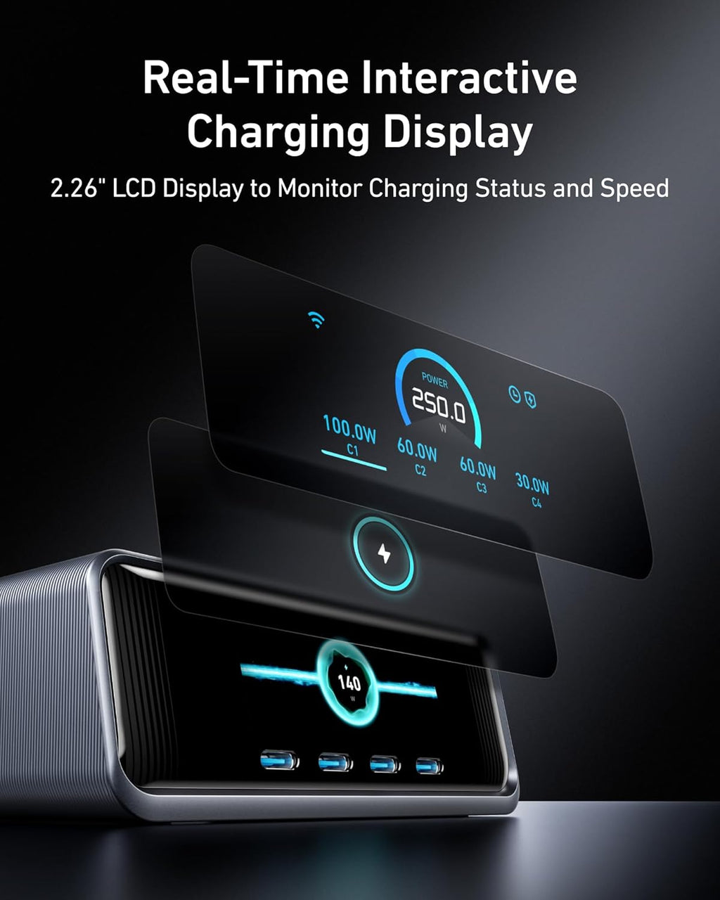 250W USB-C Charger, 6-Port GaN Charging Station with LCD Display L106