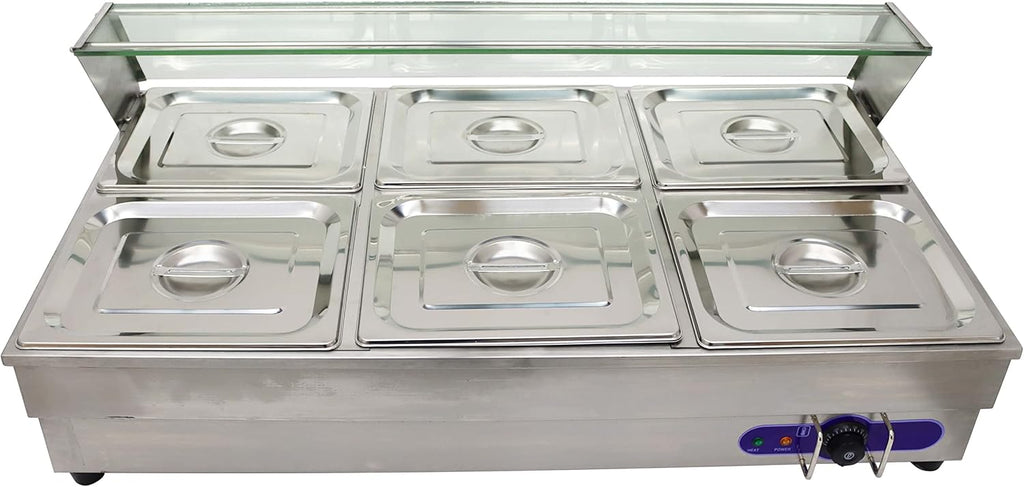 TECHTONGDA 6-Pan Bain-Marie Buffet Food Warmer Double Row Electric Steam Heater Stainless Steel Parties Catering Restaurants 2000W
