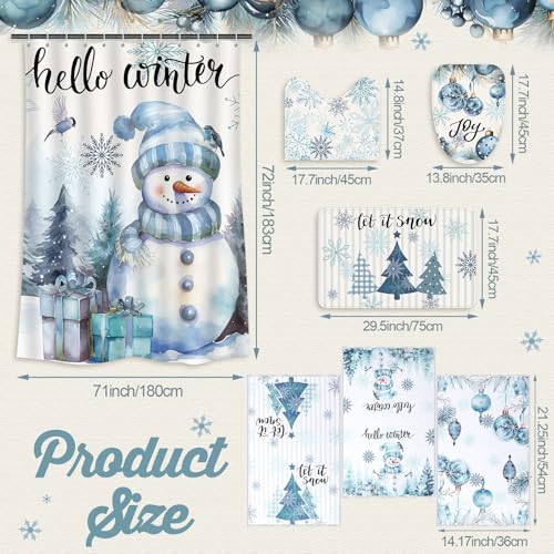 7 Pcs Christmas Shower Curtain Set with U Shape Rugs, Toilet Cover and 3 Towels W9950