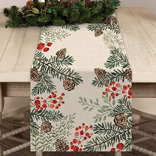 Winter Pine Cone Needle Branch Berry Table Runner, Watercolor Botanical Tabletop Scarf, Christmas Farmhouse Holiday Dining Decoration O823579