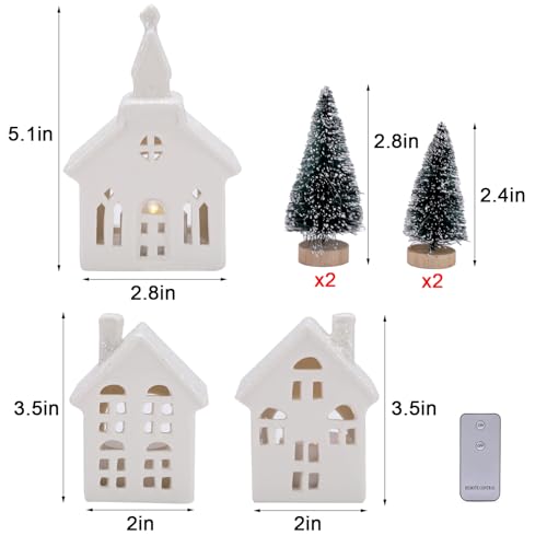 7PCS Christmas Village Sets - 3 LED Lighted Ceramic Houses with Remote & 4 Trees D535