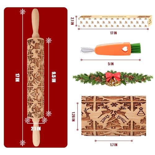 17" Wooden Rolling Pin for Baking with Christmas Embossed Designs, 3mm Deep Cookie Molds, Includes Cleaning Brush L8431
