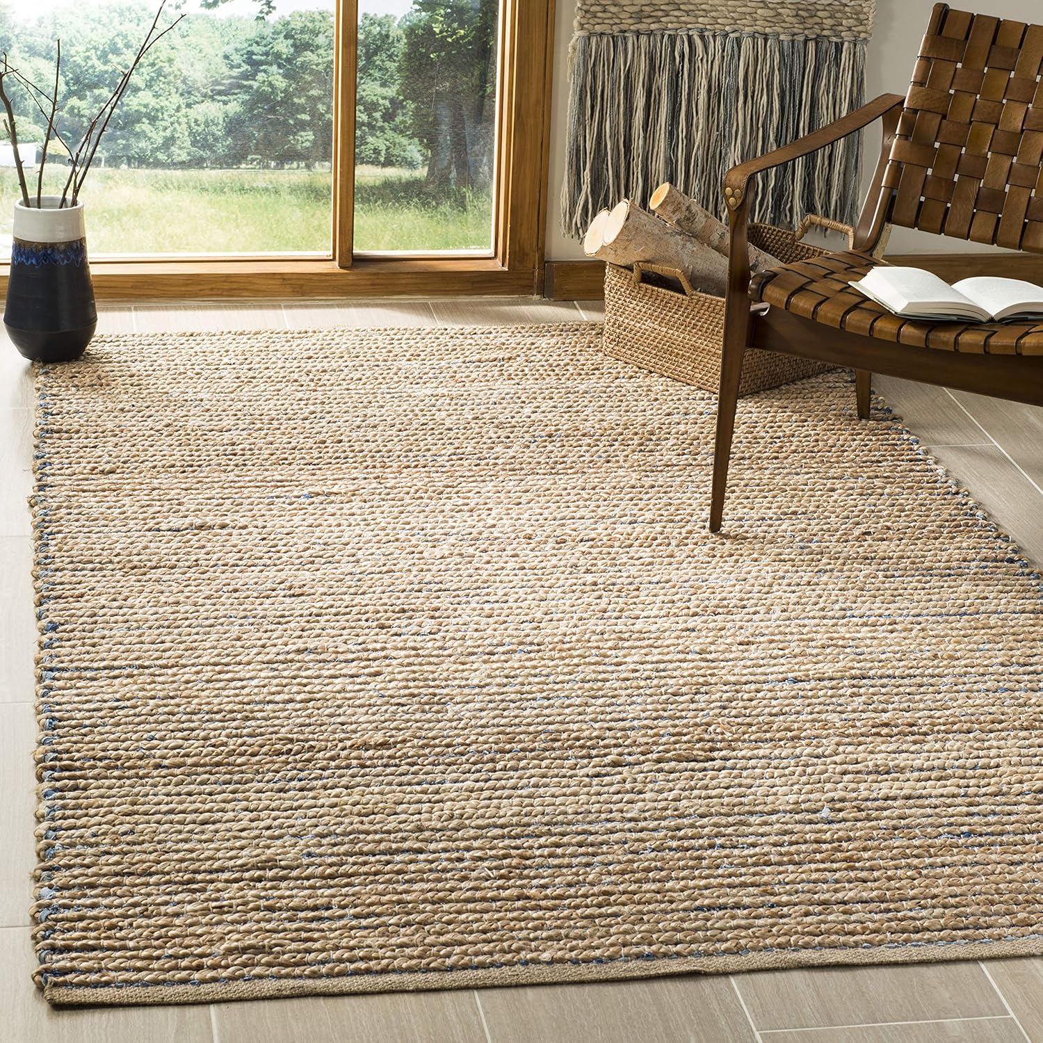 SAFAVIEH Cape Cod Collection Accent Rug - 3' x 5', Natural & Blue, Handmade Boho Braided Stripe Jute, Ideal for High Traffic Areas in Entryway, Living Room, Bedroom (CAP307M)