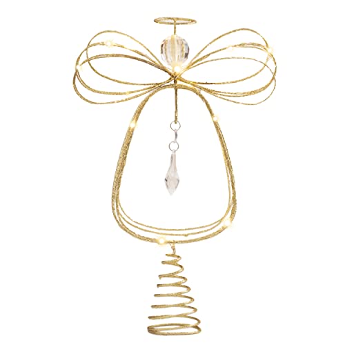 Lighted Christmas Tree Topper Angel with Timer, 10 Inch Pre-Lit Gold Metal V305