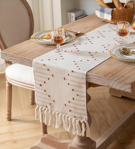 Christmas Table Runner 13 x 90 Inch Cotton Woven with Tassels Red and Beige B398787