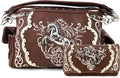 Justin West Horse Embroidery Studded Concealed Carry Handbag Purse Matching Wallet (Brown Handbag and wallet)