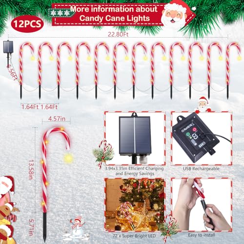 Solar Candy Cane Lights, 12 Pack, Waterproof, 8 Modes with Timer for Outdoor Decor Y605