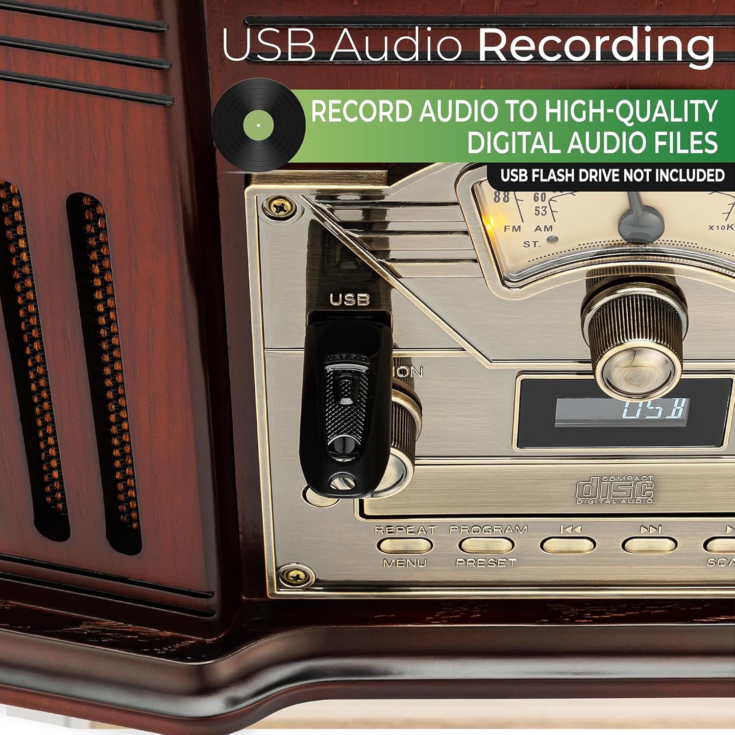 All-in-One Turntable with 3-Speed Record Player, Bluetooth, CD, Cassette, AM/FM Radio, USB, Built-in Speakers P88310