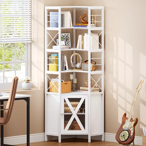 Corner Bookshelf with Storage, 7-Tier Shelf with Doors, White V7438