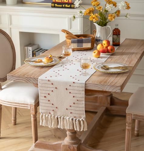 Christmas Table Runner 13 x 90 Inch Cotton Woven with Tassels Red and Beige B398787