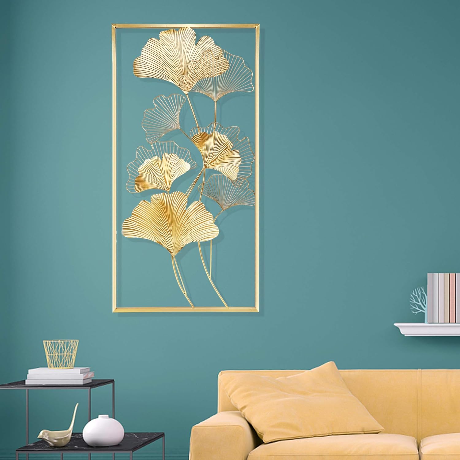 Metal Wall Decor, 39" x 20" Golden Ginkgo Leaf Wall Hanging with Frame G1709