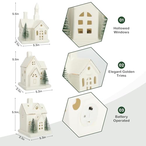 White Ceramic Christmas Village Houses with LED Lights, 3-Piece Set W44352