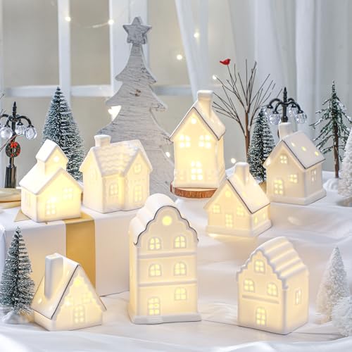 28 Pcs Ceramic LED Christmas Village Set with Houses, Trees & Lamp Posts Y25286