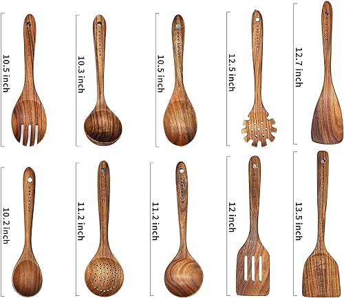 Natural Teak Wooden Spoons for Cooking, 10-Piece Kitchen Utensil Set I607645