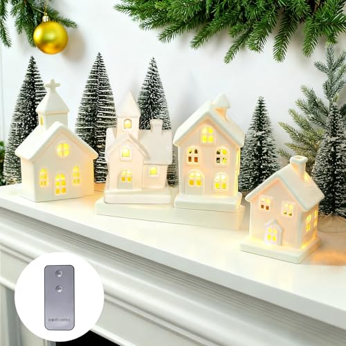 7PCS Christmas Village Sets - 3 LED Lighted Ceramic Houses with Remote & 4 Trees D535