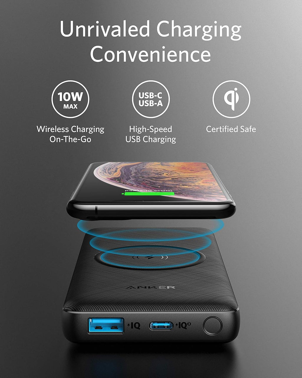 10,000 mAh Wireless Portable Charger with 10W Qi-Certified Charging and 18W USB-C Quick Charge A484